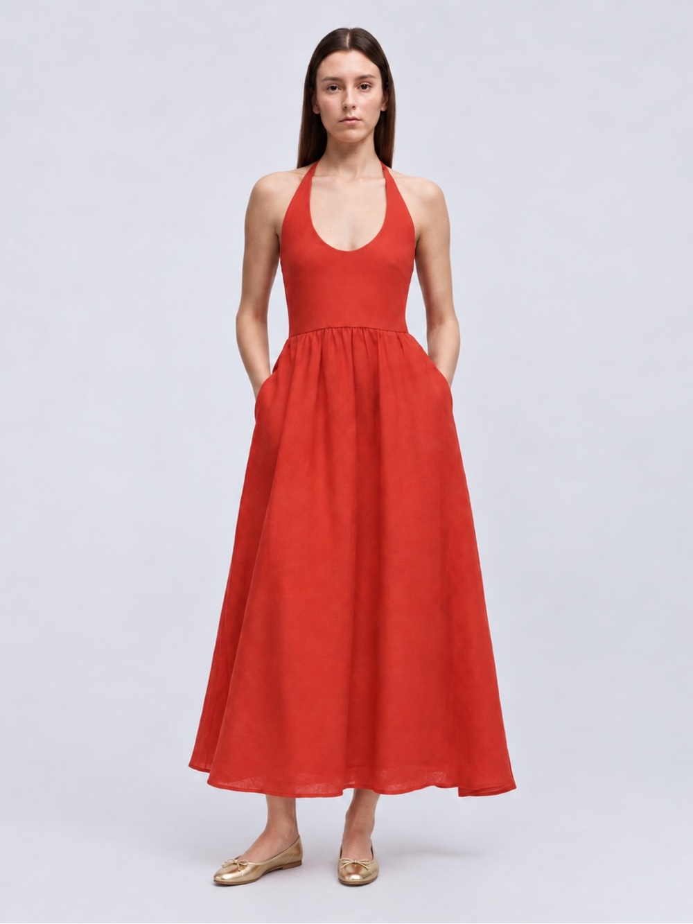 J. Crew Rust-Red Halter Maxi Dress with Pockets